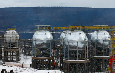 A general view shows tanks for liquefied petroleum gases (LPG) at a facility, owned by Irkutsk Oil Company (INK), in Irkutsk Region, Russia March 9, 2019. REUTERS/Vasily Fedosenko