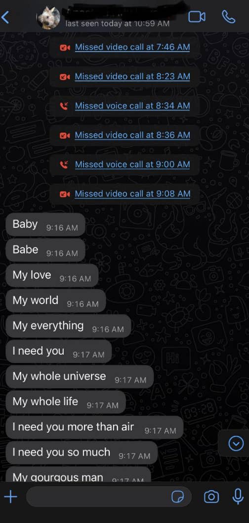 A stream of endearments in a text, including "My love," "My everything," "My whole universe," "My whole life"