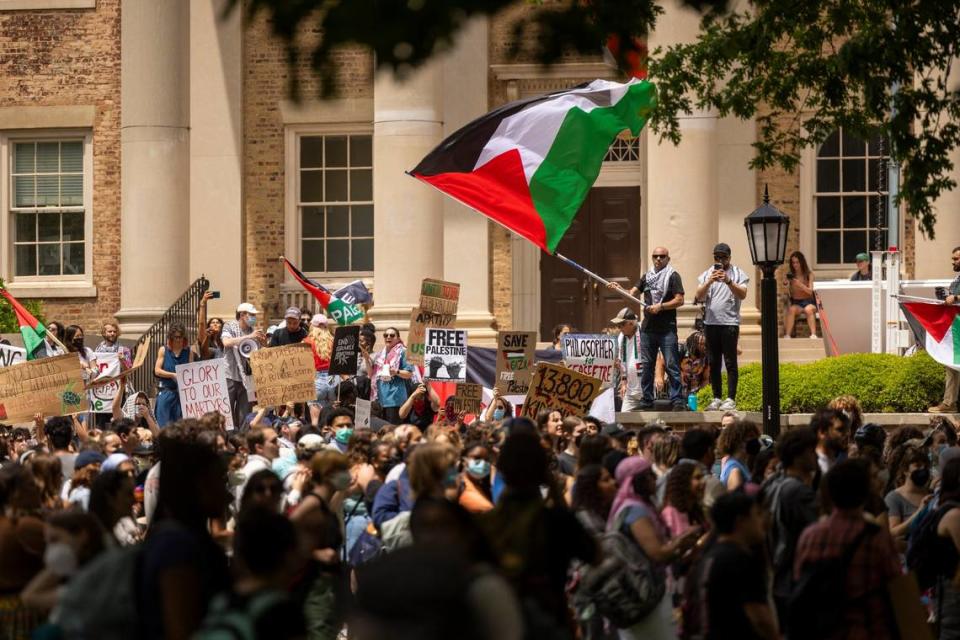 About 1000 pro-Palestinian demonstrators rally at the South Building after a “Gaza solidarity encampment” was removed by police early Tuesday morning, April 30, 2024 at UNC-Chapel Hill.