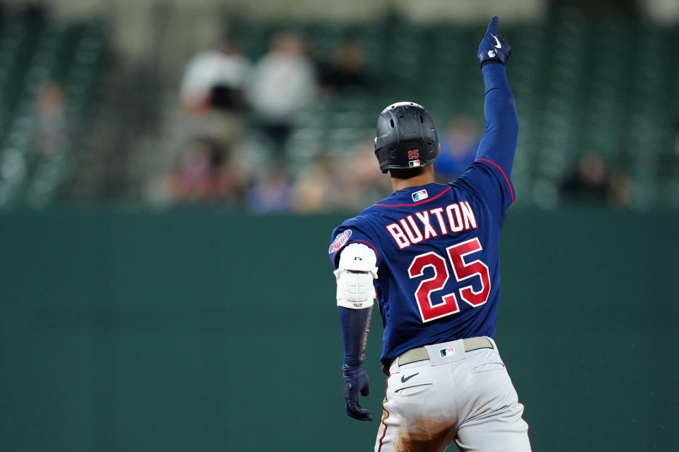 BALTIMORE, MD - MAY 05: Byron Buxton #25 of the Minnesota Twins reacts after a home run during the game between the Minnesota Twins and the Baltimore Orioles at Oriole Park at Camden Yards on Thursday, May 5, 2022 in Baltimore, Maryland. (Photo by Daniel Shirey/MLB Photos via Getty Images)
