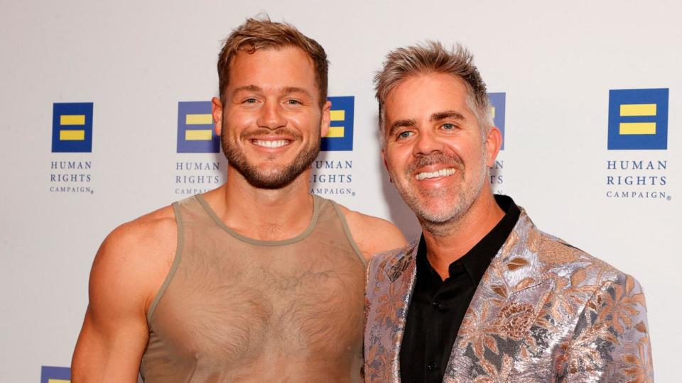 PHOTO: Former pro-football player Colton Underwood and his husband Jordan C. Brown arrive for Human Rights Campaign's 2024 dinner at the Fairmont Century Plaza in Los Angeles, March 23, 2024.  (Michael Tran/AFP via Getty Images)