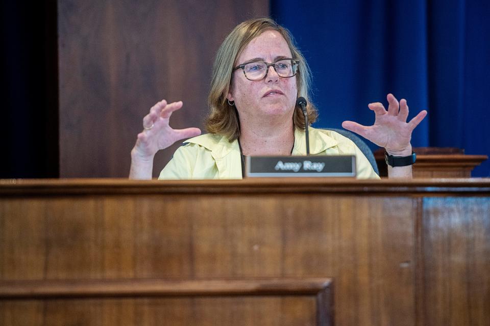 Asheville City School Board member Amy Ray talks about the contract with Chartwells during a special meeting June 29, 2023. "This is an equity decision for me," Ray said. “Our students deserve more options, and they deserve better options."