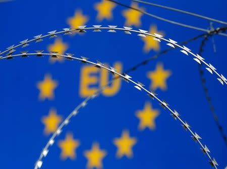 Razor wire is seen in front of an EU sign during a protest against barbed wire fences along the border crossing between Slovenia and Croatia in Brezovica pri Gradinu, Slovenia December 19, 2015. REUTERS/Srdjan Zivulovic