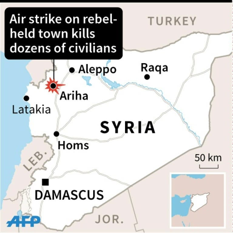 Map of Syria locating the rebel-held town of Ariha, where an airstrike reportedly killed dozens of civilians Sunday