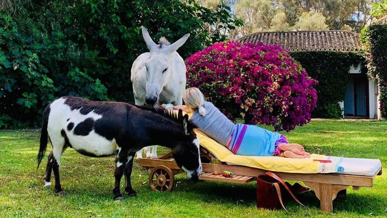 Eugenia Martínez de Irujo con su burro Benjamín y su caballo López en Sevilla 