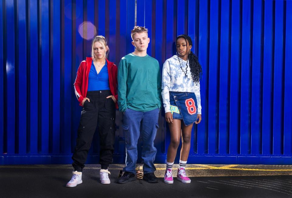 cait fitton as lauren bolton, paddy bever as max turner and luana santos as sabrina adetiba in coronation street