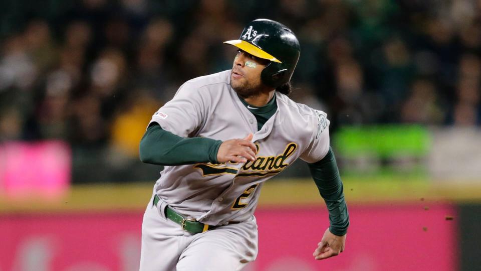 Mandatory Credit: Photo by John Froschauer/AP/Shutterstock (10429538g)Oakland Athletics' Khris Davis advances from first to third on a hit against the Seattle Mariners during a baseball game, in SeattleAthletics Mariners Baseball, Seattle, USA - 28 Sep 2019.