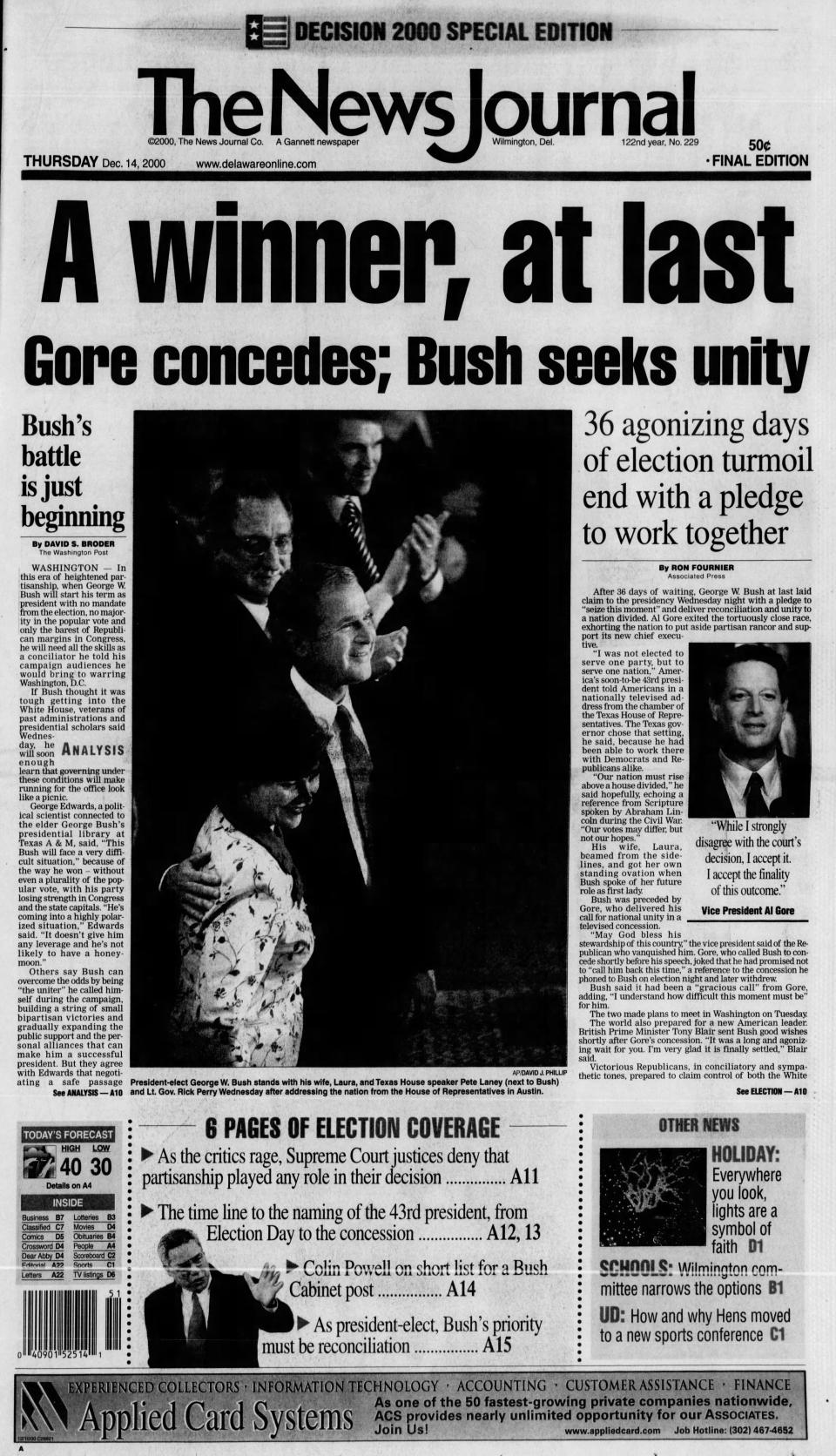 Front page of The News Journal from Dec. 14, 2000.