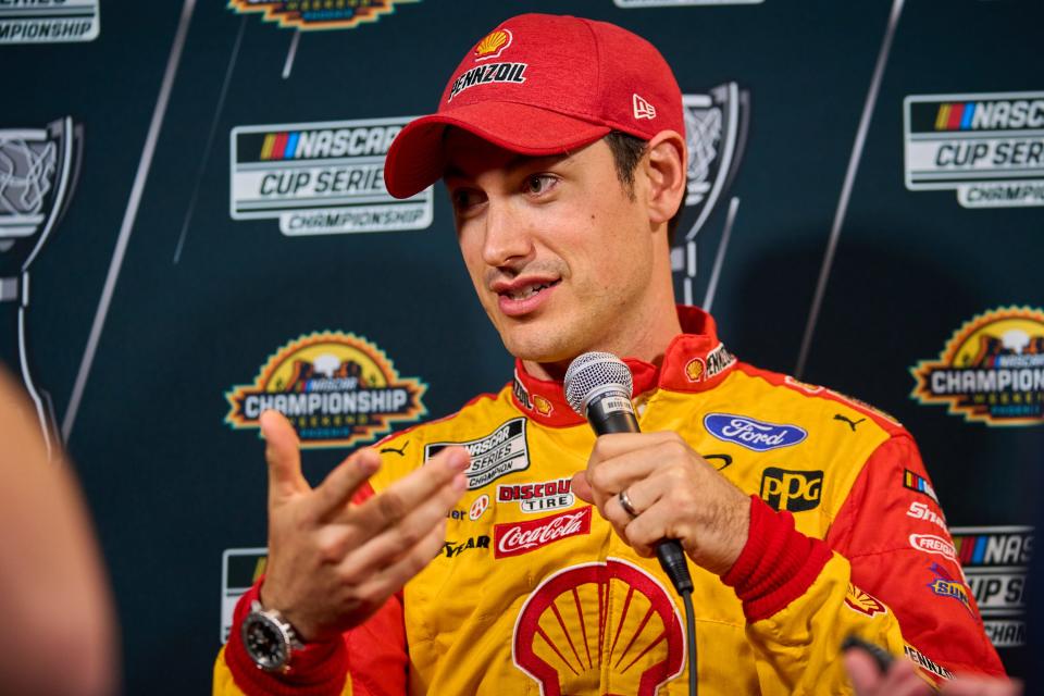 Nov 3, 2022; Phoenix, AZ, USA; Joey Logano, the driver of the NASCAR Cup Series No. 22 Team Penske Ford speaks to the media during the NASCAR media day at Phoenix Convention Center on Thursday, Nov. 3, 2022 ahead of the championship races at Phoenix International Raceway. Mandatory Credit: Alex Gould/The Republic