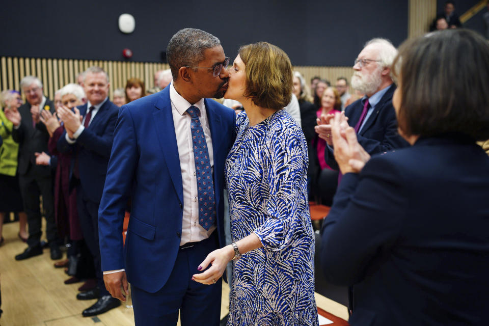 Vaughan Gething is congratulated by his wife Michelle, in a lecture hall, at Cardiff University, after being elected as the next Welsh Labour leader and First Minister of Wales, in Cardiff, Saturday, March 16, 2024. Gething has won the Welsh Labour Party leadership contest and is set to become the first Black leader of Wales’ semi-autonomous government. Gething, who is currently Welsh economy minister, beat Education Minister Jeremy Miles in a race to replace First Minister Mark Drakeford. (Ben Birchall/PA via AP)