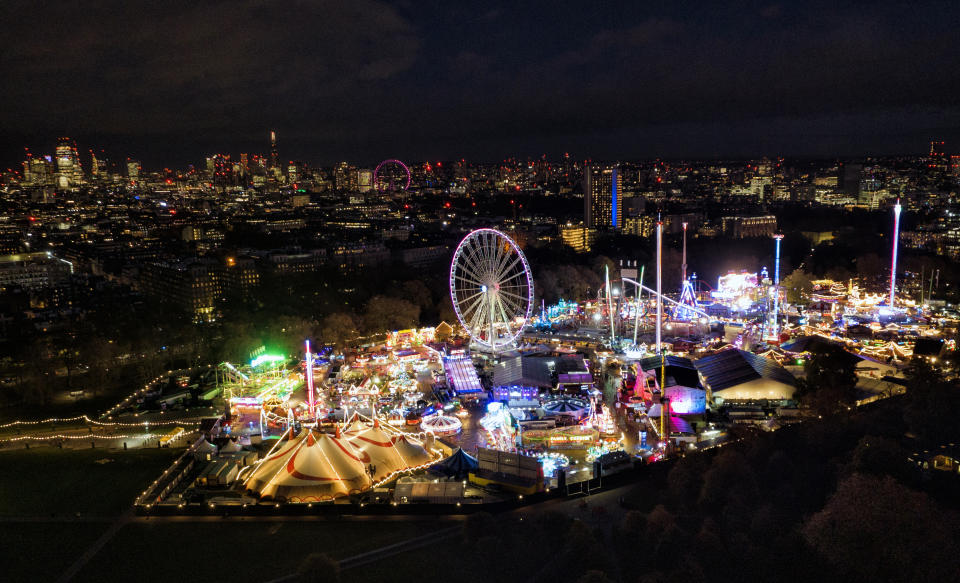 LONDON, ENGLAND - NOVEMBER 17: An aerial view of the Winter Wonderland in Hyde Park on November 17, 2022 in London, England. (Photograph by Chris Gorman/Getty Images)