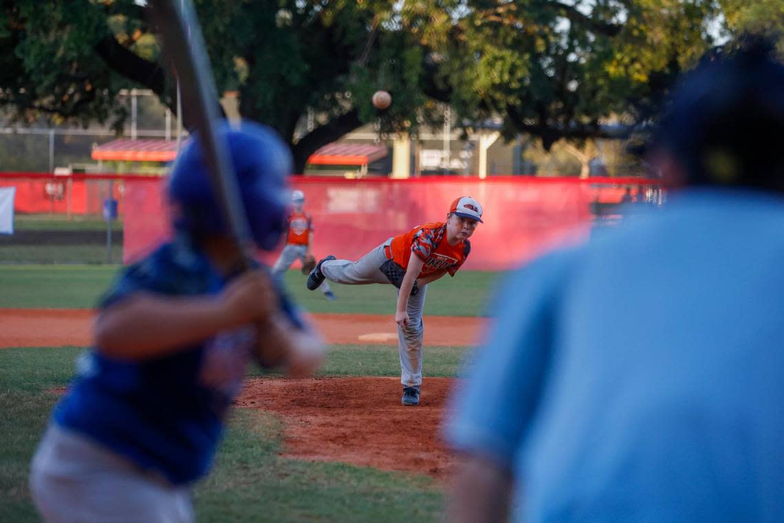 Sawyer Roos, 9, delivers a pitch during a Dunedin Little League game Thursday, April 20, 2023. Gov. Ron DeSantis, who grew up in Dunedin, played on the 1991 Dunedin Little League All-Stars, the first team from Pinellas County to reach the Little League World Series since 1948.