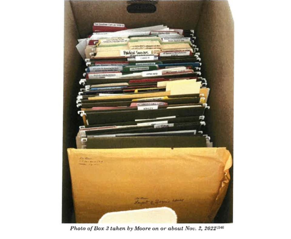 Photo of box showing Post-its where classified documents were found. The box was in Biden’s office at the Penn Biden Center (DOJ)