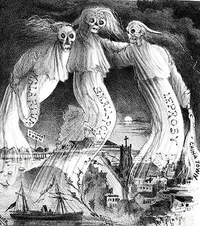 An 1882 cartoon from The Wasp of disease figures hovering over San Francisco. The LEPROSY figure (right) holds a strand of smoke that says “CHINA TOWN”.