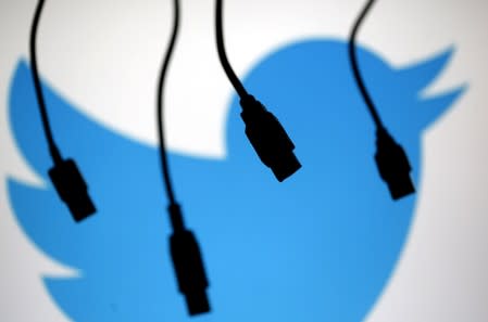 FILE PHOTO: Electronic cables are silhouetted next to the logo of Twitter in this illustration photo in Sarajevo