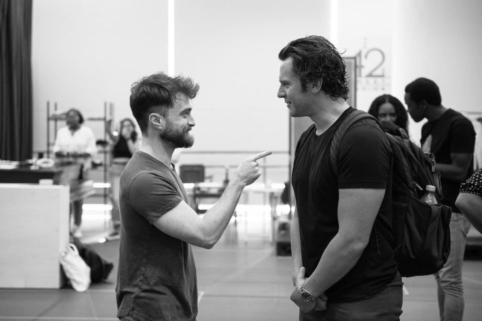 Daniel Radcliffe, Jonathan Groffe in rehearsal for "Merrily We Roll Along"