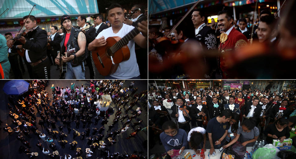 FOTOS: Mariachis intercambian rancheras por víveres tras sismo en México