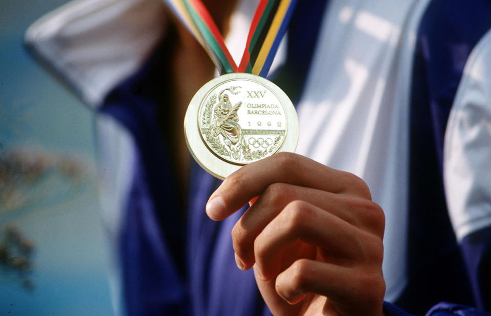 <p>Close up of an Olympic gold medal from the 1992 Olympic Games in Barcelona, Spain. (Bob Thomas/Getty Images) </p>