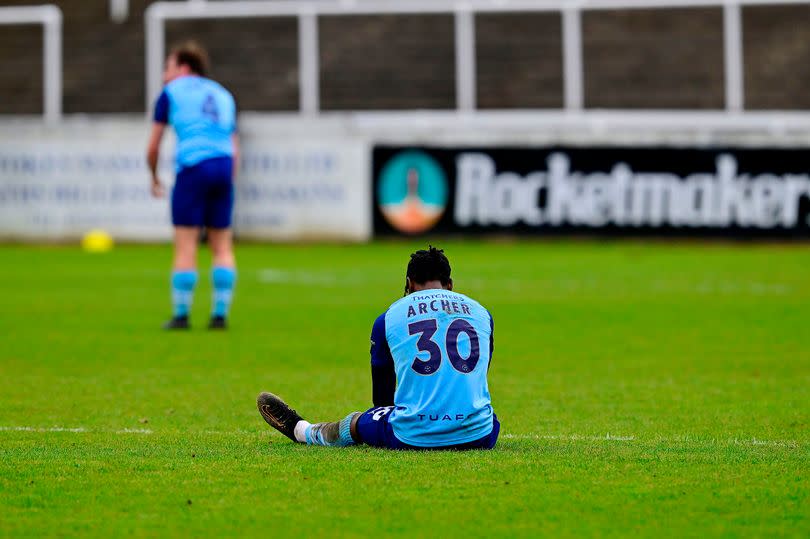 Ethon Archer of Torquay United looking dejected  during the National League South match between Bath City and Torquay United
Town at Twerton Park on 13th April 2024 in Bath, England - Photo by Mat Mingo/PPAUK
