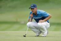 Jordan Spieth of the US lines up his putt on the 15th green during the first round of the 2016 PGA Championship at Baltusrol Golf Club on July 28, 2016