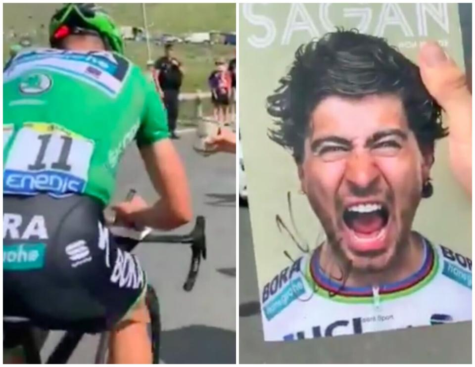 Peter Sagan firma un autógrafo a un aficionado en plena ascensión. (Foto: Twitter / @SwaganP).