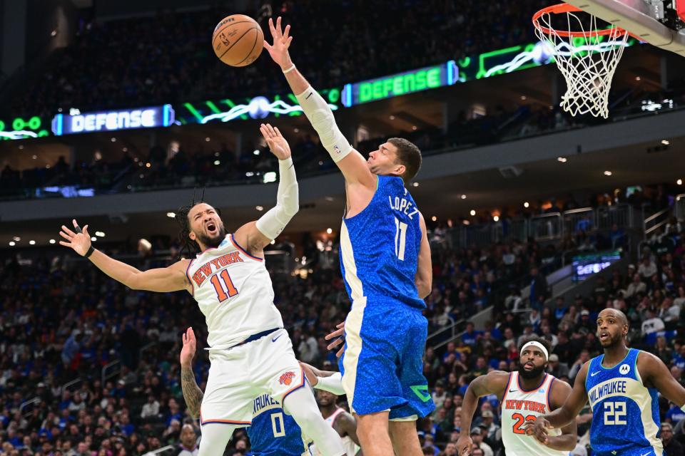 Bucks center Brook Lopez rejects a shot by Knicks guard Jalen Brunson during the fourth quarter for one his eight blocks Friday night.