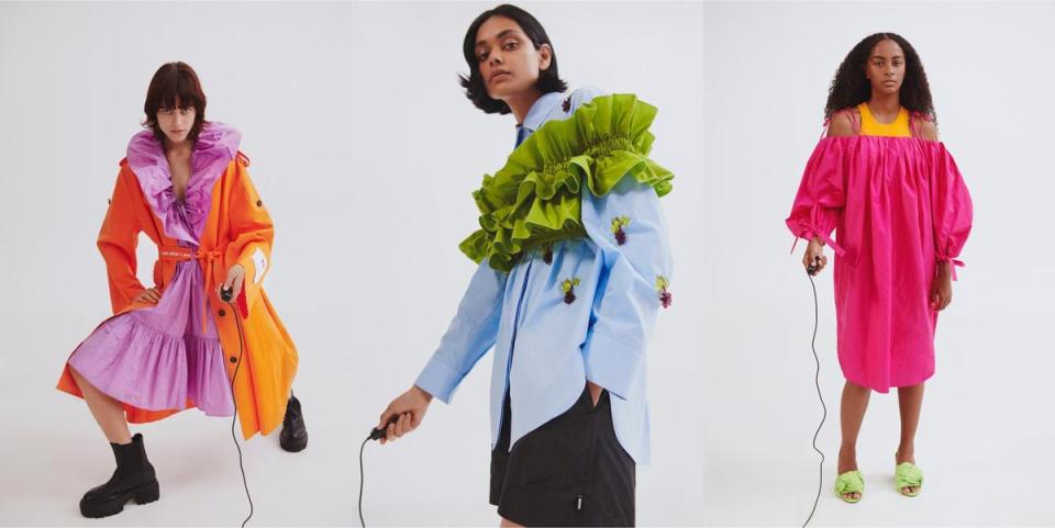 春夏女裝大膽地運用飽和的柑橘色、霓虹色、海草綠，以色彩與印花展現出活力樣貌。而縫綴立體葡萄串飾的上衣（中圖）更讓時尚帶點出幽默。（MSGM提供）