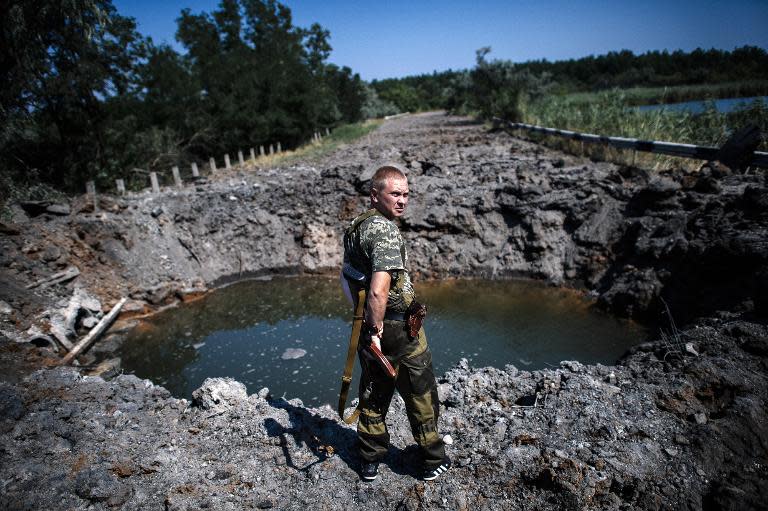 A pro-Russian gunman stands next a bomb crater after shelling near Donetsk on August 14, 2014