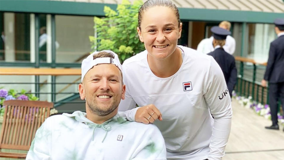 Dylan Alcott and Ash Barty, pictured here posing for a photo together at Wimbledon.