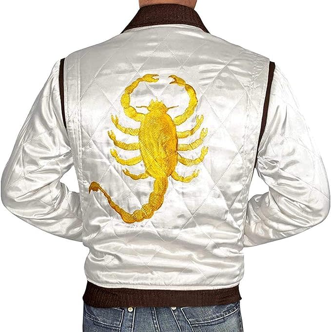 white satin quilted bomber jacket with yellow scorpion embroidery 