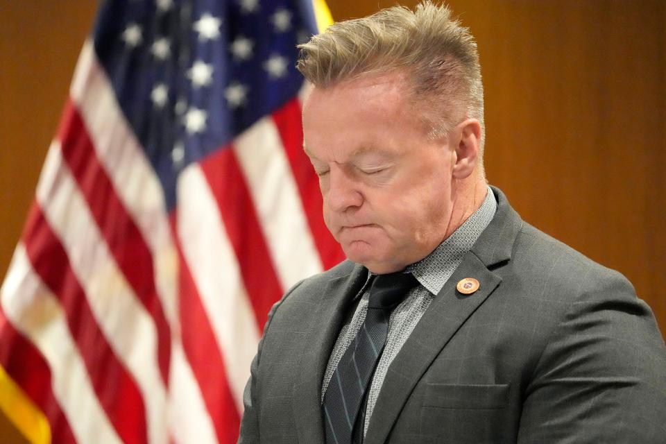 Sen. Anthony Kern during the prayer before a Senate judiciary hearing where a brass knuckles bill is being proposed on Feb. 1, 2024.