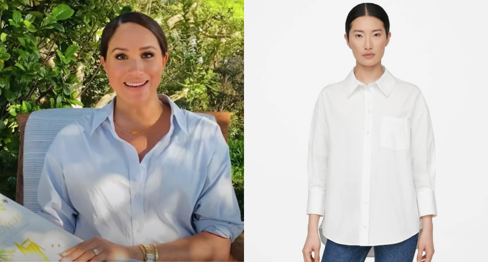 Meghan Markle wearing Anine Bing's Mika shirt during a reading of her children's book, 