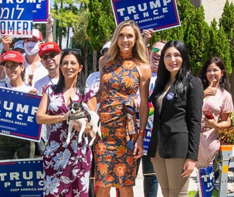 Lara Trump, center, an adviser to her father-in-law's presidential campaign, poses for a photo with Laura Loomer, right, one of America's worst anti-Muslim bigots, at a Republican event in Boca Raton, Florida, on Sept. 1. Loomer recently won the GOP nomination for Congress in Florida's 21st District. (Twitter)