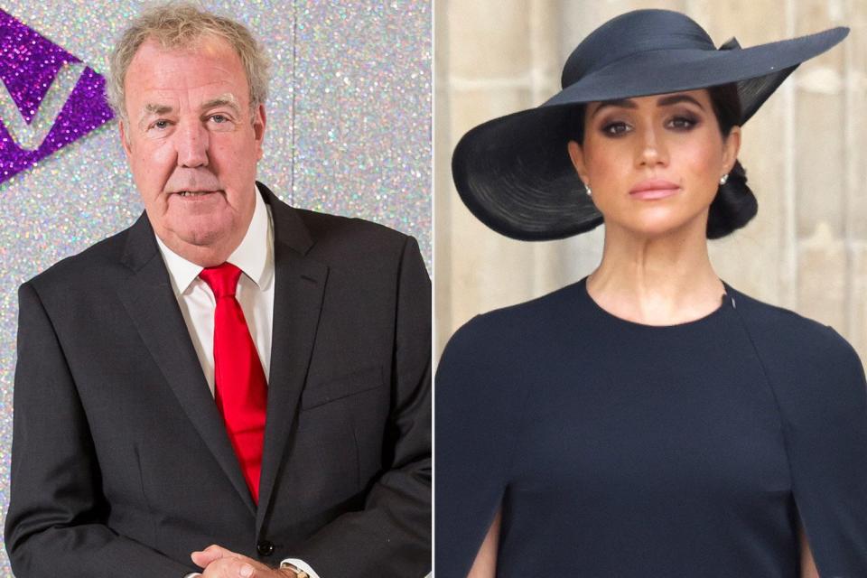 LONDON, ENGLAND - AUGUST 30: Jeremy Clarkson attends the ITV Autumn Entertainment Launch at White City House on August 30, 2022 in London, England. (Photo by Nick England/Getty Images); Meghan, Duchess of Sussex is seen during The State Funeral Of Queen Elizabeth II at Westminster Abbey on September 19, 2022 in London, England. Elizabeth Alexandra Mary Windsor was born in Bruton Street, Mayfair, London on 21 April 1926. She married Prince Philip in 1947 and ascended the throne of the United Kingdom and Commonwealth on 6 February 1952 after the death of her Father, King George VI. Queen Elizabeth II died at Balmoral Castle in Scotland on September 8, 2022, and is succeeded by her eldest son, King Charles III. (Photo by Chris Jackson/Getty Images)