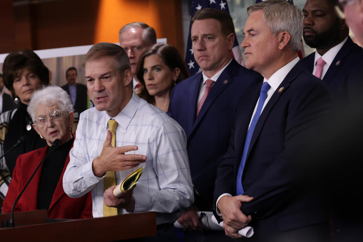 Flanked by House Republicans, U.S. Rep. Jim Jordan speaks during a news conference at the U.S. Capitol on November 17, 2022 in Washington, DC. (Alex Wong/Getty Images)