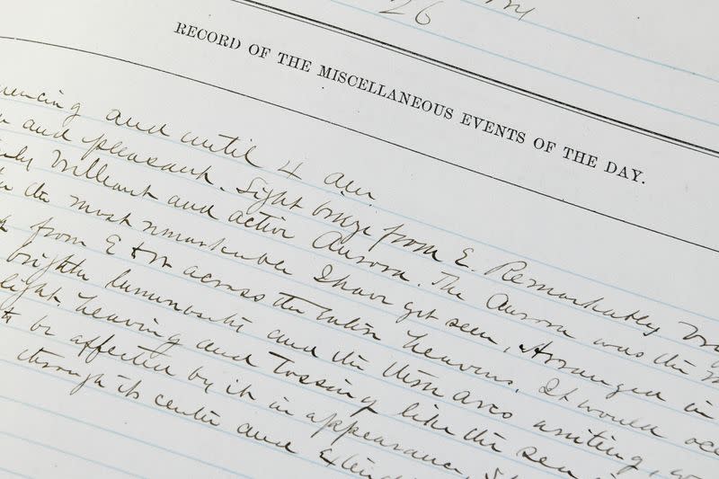A detail in Volume 1 of the USS Rodgers logbooks is pictured at the National Archives building in Washington