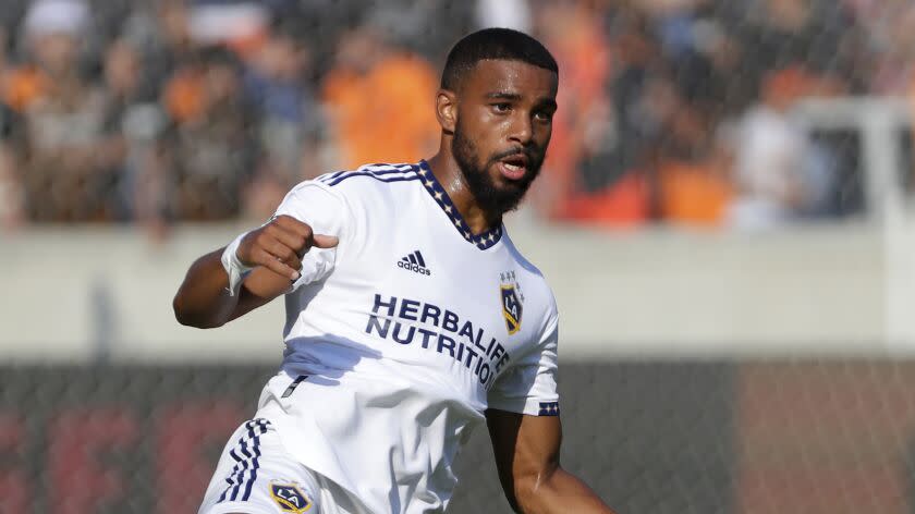 Los Angeles Galaxy midfielder Samuel Grandsir during the first half of an MLS soccer match against the Houston Dynamo