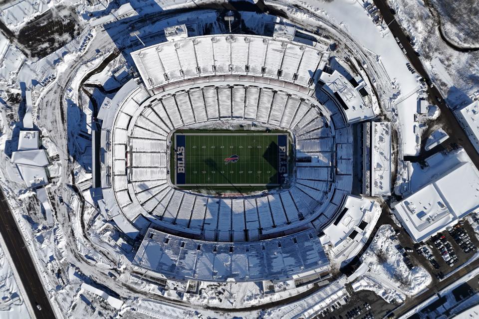 Aerial view of a snow-covered Highmark Stadium before a 2024 AFC wild card game between the Pittsburgh Steelers and the Buffalo Bills on Jan 15, 2024.