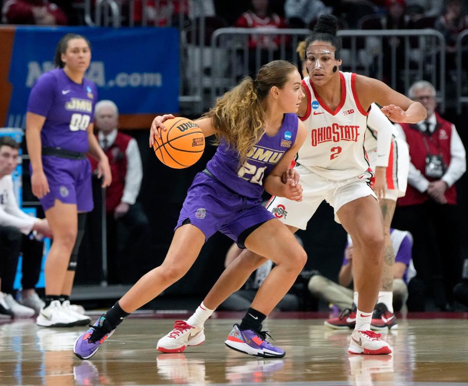 March 18, 2023; Columbus, Ohio, USA; James Madison Dukes guard Caroline Germond (20) is guarded by Ohio State Buckeyes forward Taylor Thierry (2) during Saturday's first round NCAA tournament game at Value City Arena. Mandatory Credit: Barbara J. Perenic/Columbus Dispatch