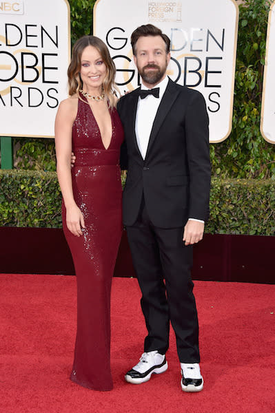 Jason Sudeikis in a tuxedo and Jordans at the 73rd Golden Globe Awards.