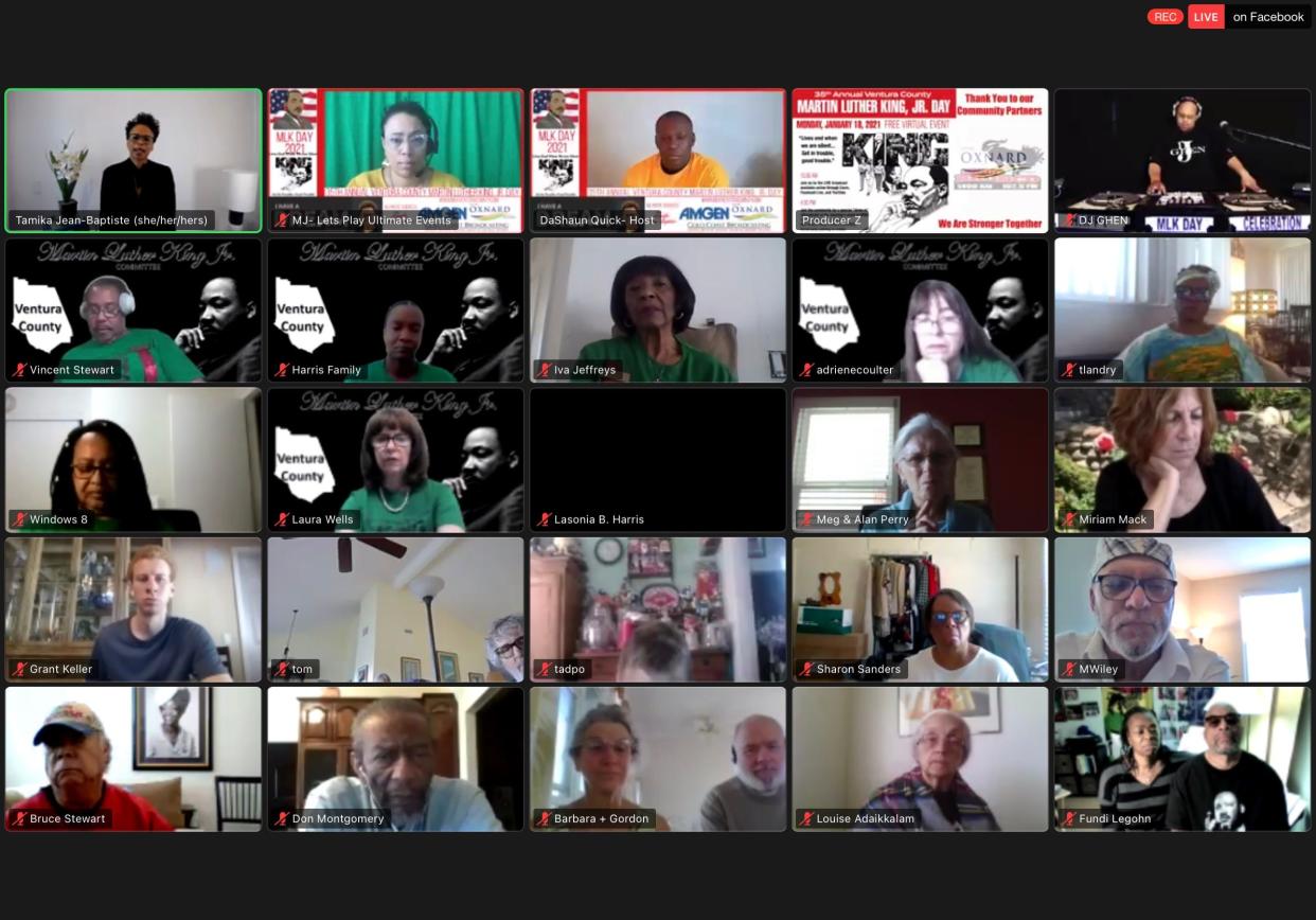 A screenshot via Zoom of last year's live-streamed Ventura County Martin Luther King Jr. Day Celebration, with keynote speaker Tamika Jean-Baptiste, upper left.