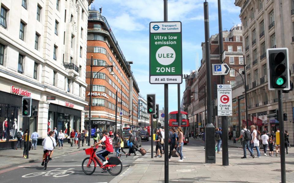 An Ultra low emission zone (ULEZ) boundary sign at the Marble Arch end of Oxford Street in London - getty