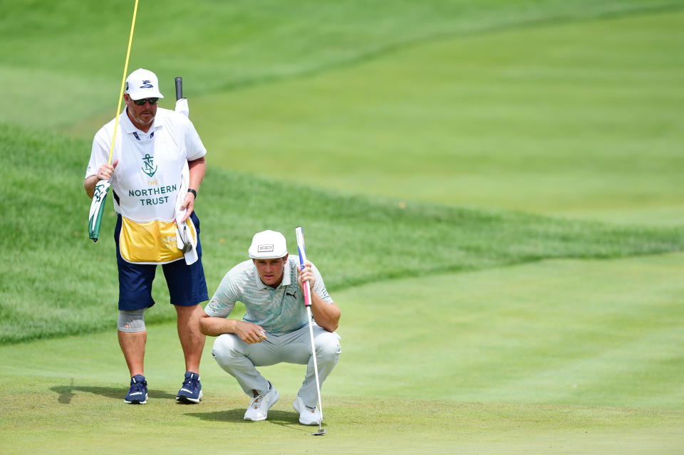 JERSEY CITY, NEW JERSEY - AUGUST 10: Bryson DeChambeau of the United States lines up a putt on the fifth green during the third round of The Northern Trust at Liberty National Golf Club on August 10, 2019 in Jersey City, New Jersey. (Photo by Jared C. Tilton/Getty Images)