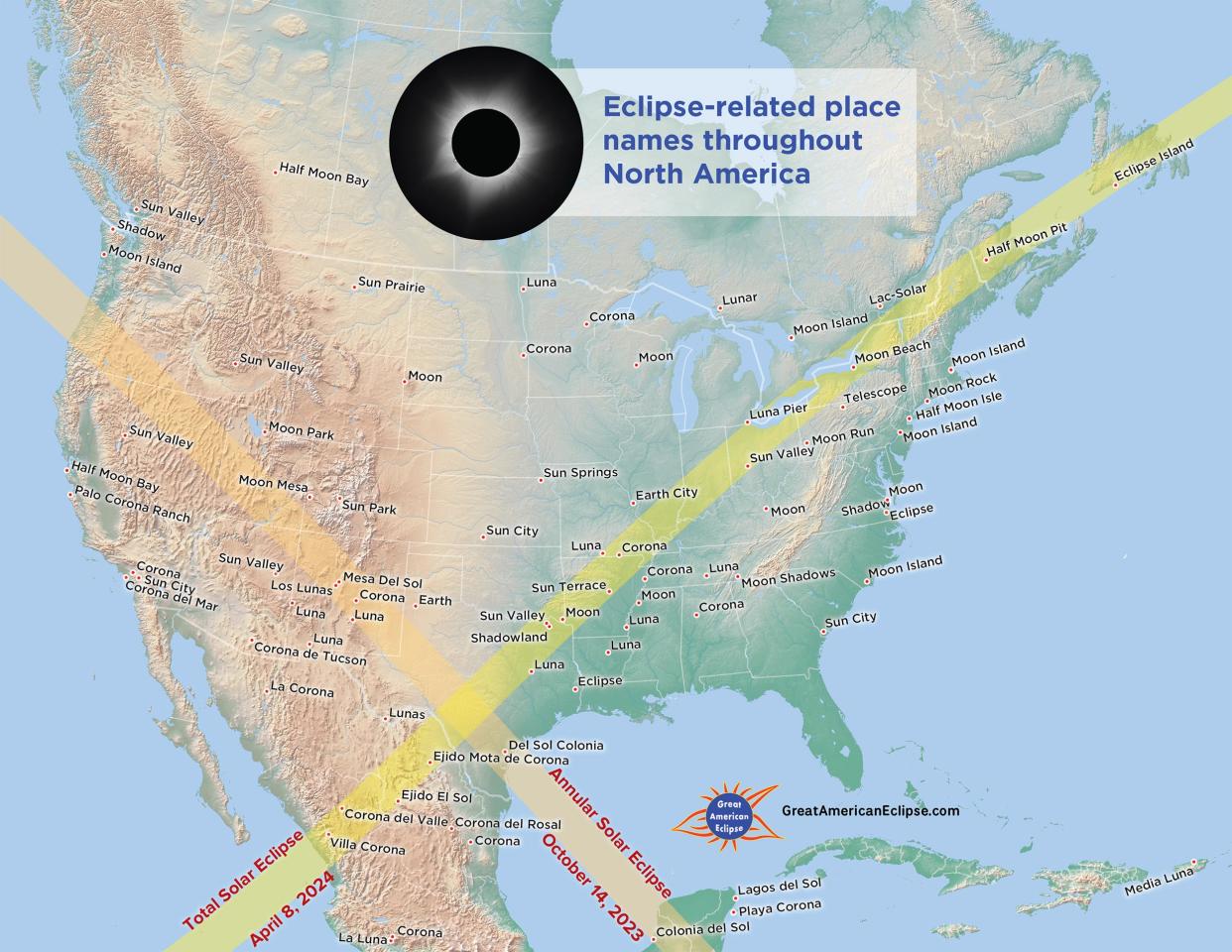 Eclipse cartographer Michael Zeiler at GreatAmericanEclipse.com put together this map showing places he discovered on or near the April 8 path of totality that seem to be appropriately-named.