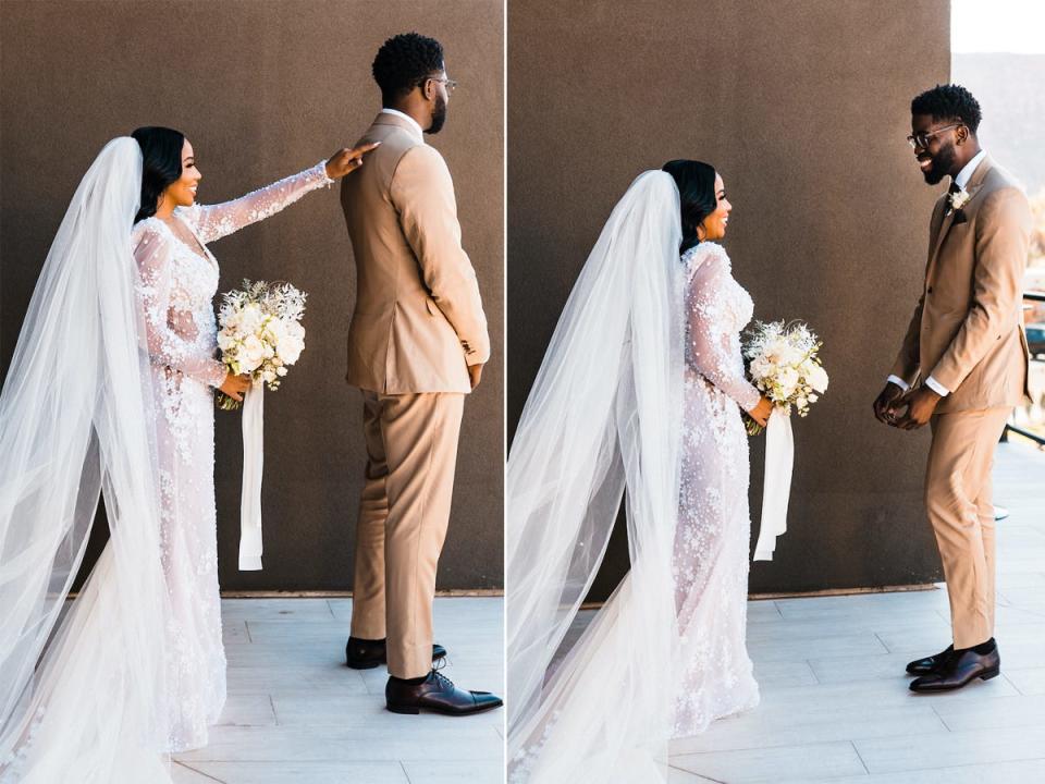 A side-by-side of a groom seeing his bride for the first time during their first look.
