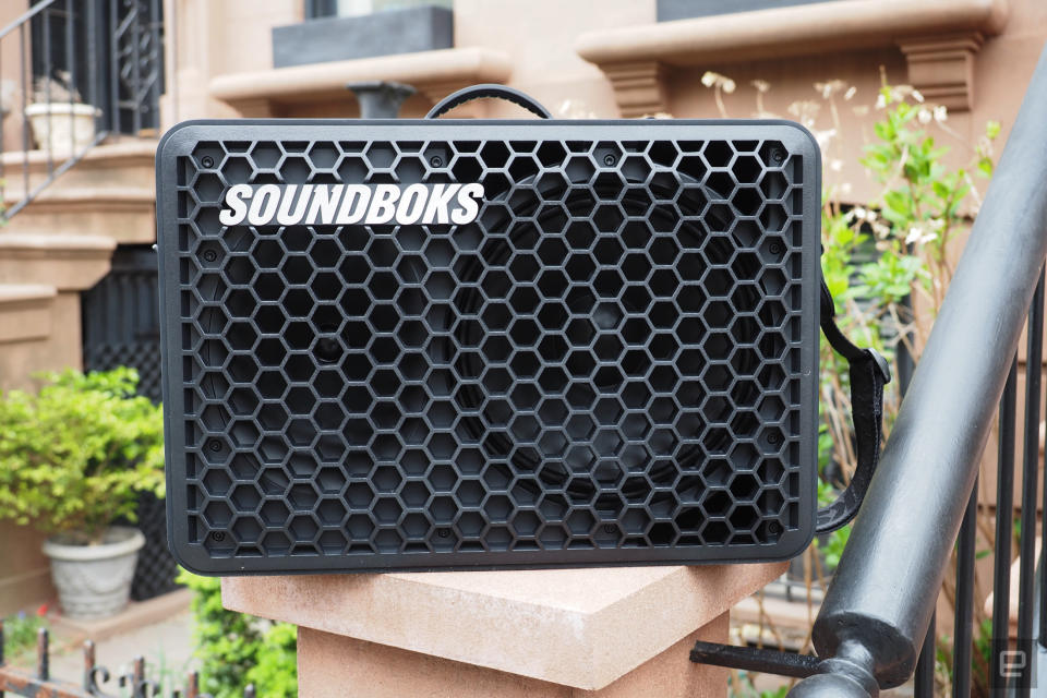 <p>The Soundboks Go portable Bluetooth speaker seen on the front steps of a Brooklyn brownstone.</p> 