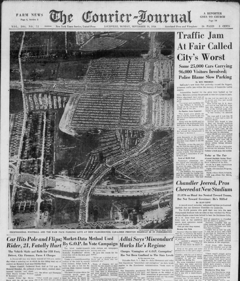 The Sept. 16, 1956 edition of The Courier Journal recaps the 'city's worst' traffic jam ever caused by a professional football game at the Kentucky State Fair.