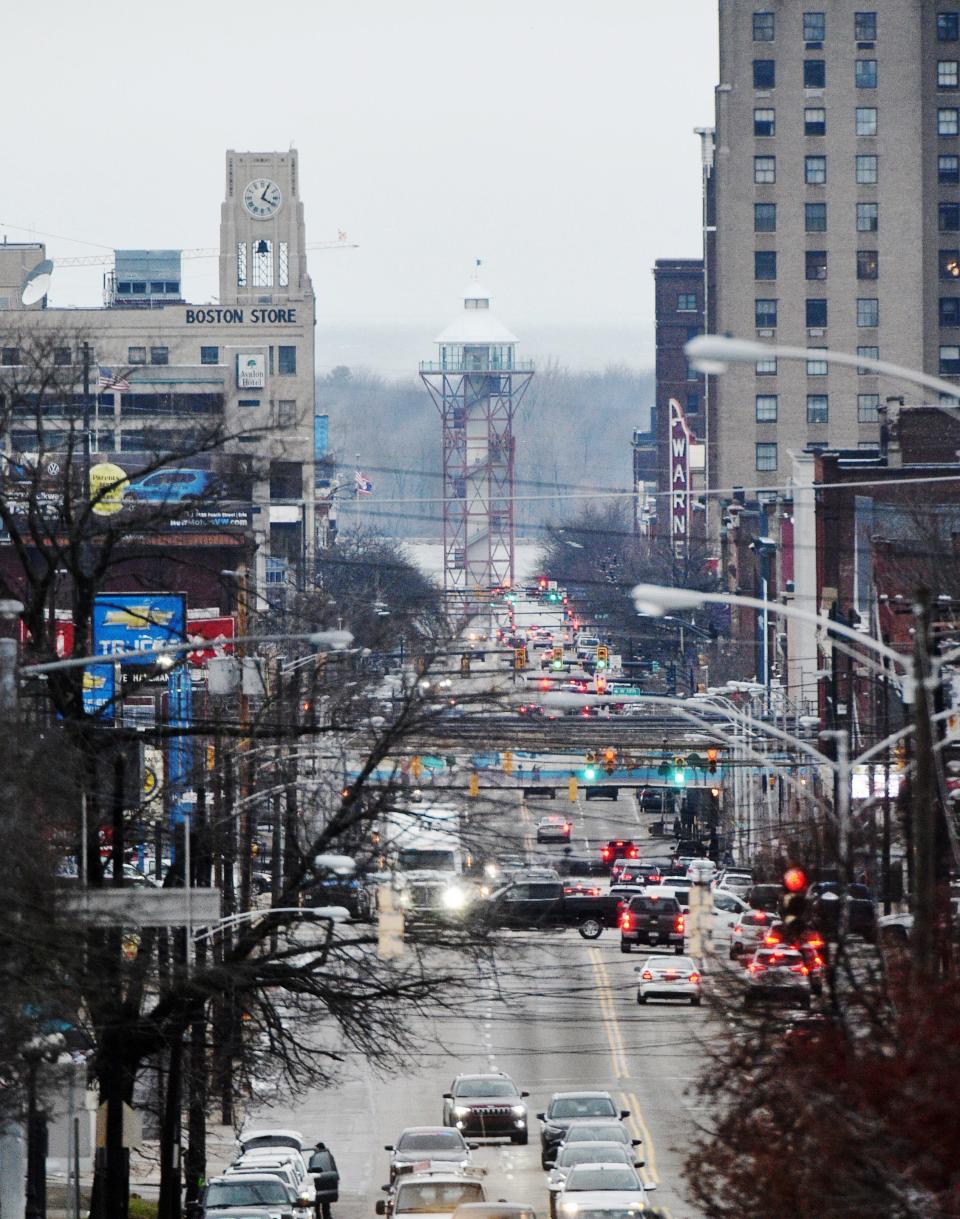 A view of State Street, looking north from 30th Street toward the Bicentennial Tower, center, is shown on Jan. 20, 2023. 
