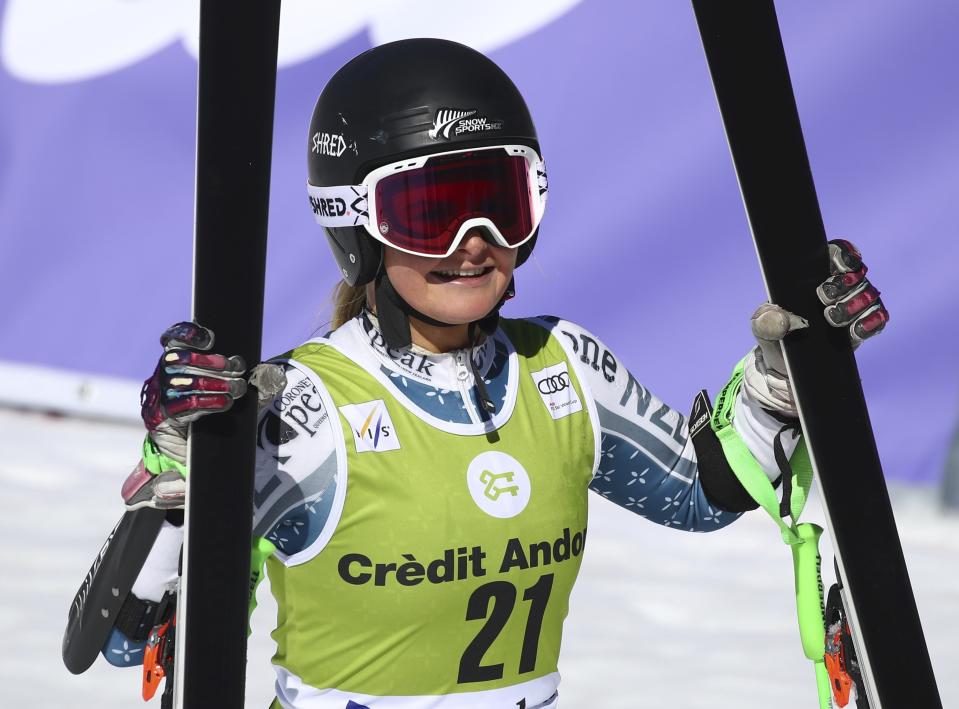 New Zealand's Alice Robinson celebrates taking second place in a women's alpine ski giant slalom title, in Soldeu, Andorra, Sunday, March 17, 2019. (AP Photo/Alessandro Trovati)