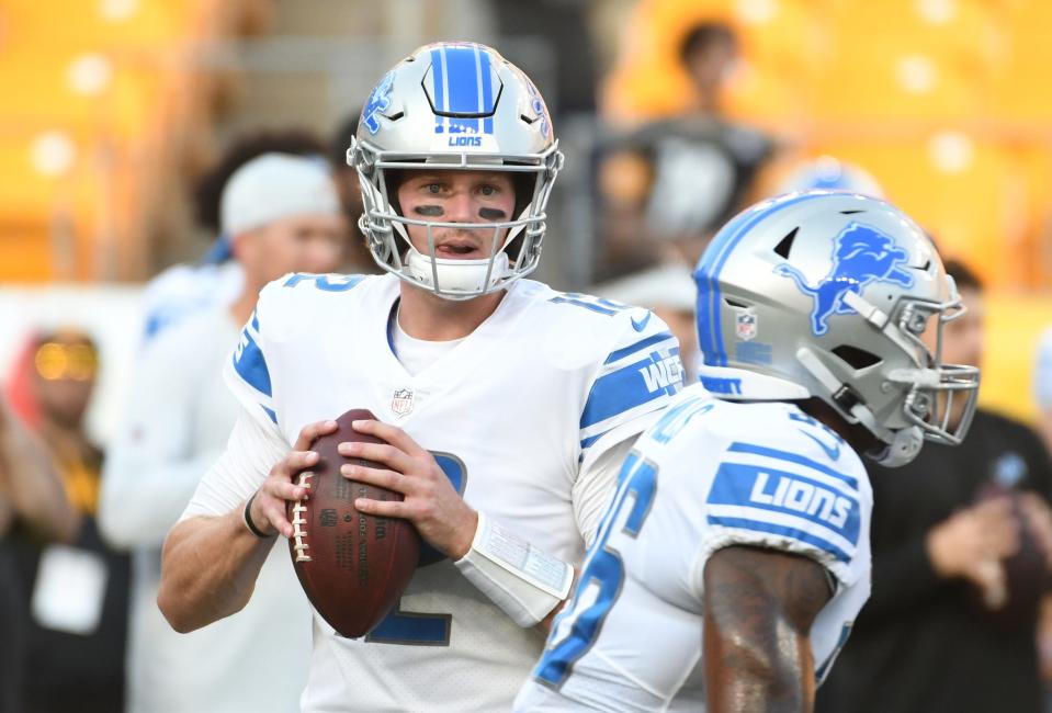 Detroit Lions quarterback Tim Boyle (12) throws the ball before playing the Pittsburgh Steelers at Heinz Field on August 21, 2021.